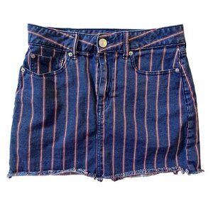 American Eagle Jean Mini Skirt Size 6 Striped Red White Blue Denim Raw Hem Women